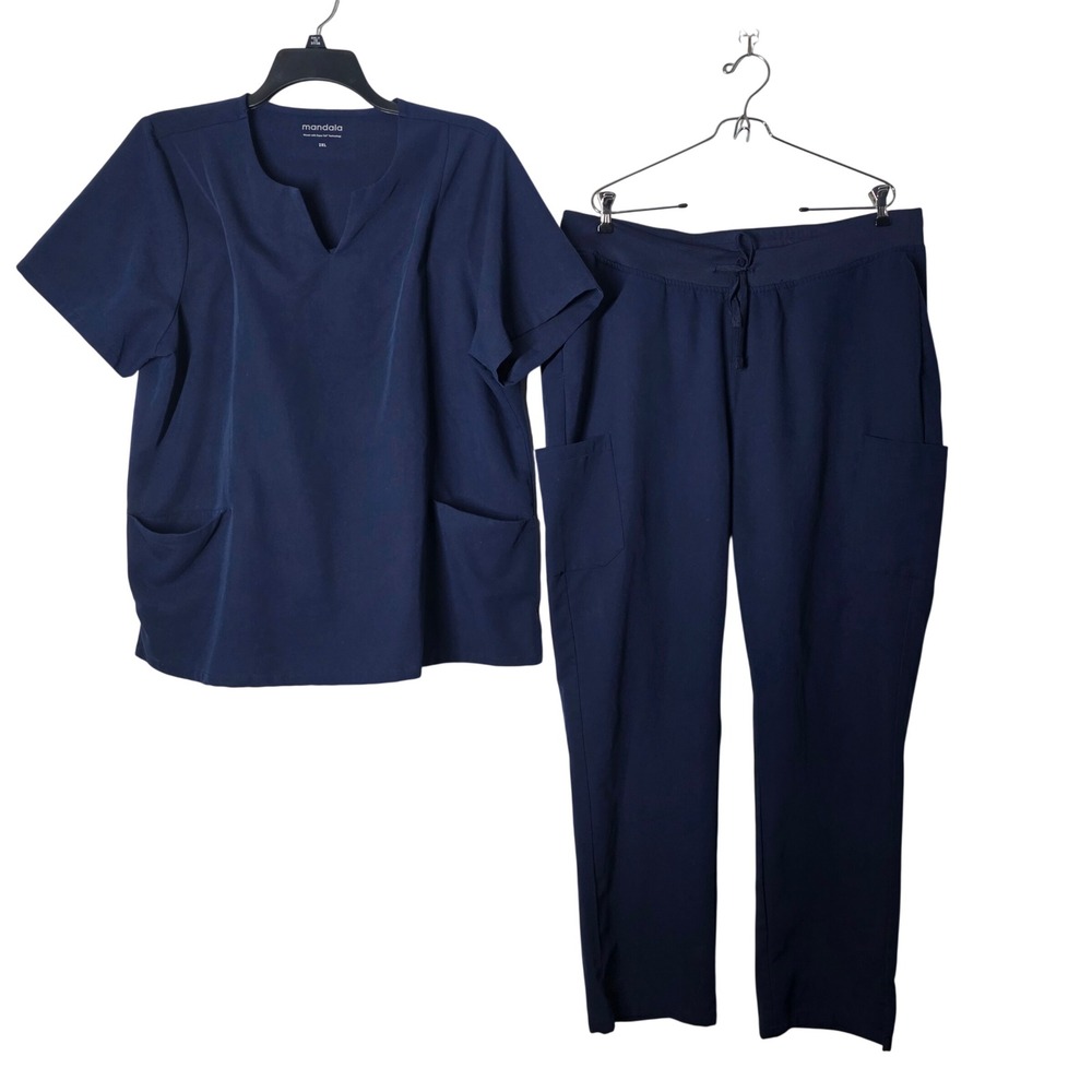 Mandala Navy Blue Scrub Set Equa-Tek Top 2XL Pants XL Nursing Medical Workwear